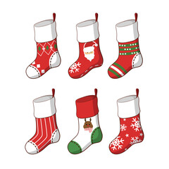 Christmas socks collection. Holiday Santa Claus winter socks for gifts. Vector illustration, flat style. Various traditional colorful and ornate holiday stockings or socks collection. Cartoon New Year