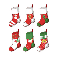 Christmas socks collection. Holiday Santa Claus winter socks for gifts. Vector illustration, flat style. Various traditional colorful and ornate holiday stockings or socks collection. Cartoon New Year