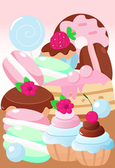 Confectionery cake, donut, muffin, lollipop, macaron. Vertical illustration of sweets in cartoon style. Sweet life symbol.