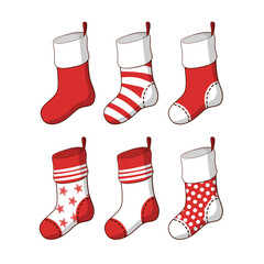 Christmas socks collection. Holiday Santa Claus winter socks for gifts. Vector illustration, flat style. Various traditional colorful and ornate holiday stockings or socks collection. Cartoon New Year