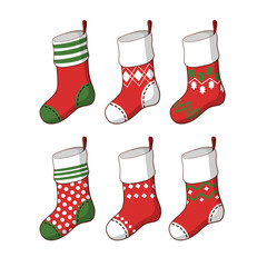 Christmas socks collection. Holiday Santa Claus winter socks for gifts. Vector illustration, flat style. Various traditional colorful and ornate holiday stockings or socks collection. Cartoon New Year