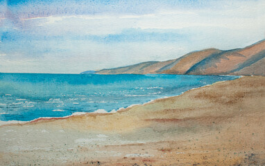 Watercolor landscape with sea and mountains on a sunny summer day.