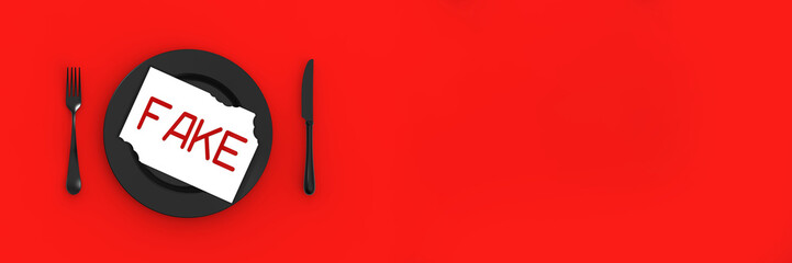 The inscription fake news on a bitten sheet of paper. Absorption of lies. paper on a plate. Counterfeit concept. Banner for insertion into site. 3D image. 3D rendering