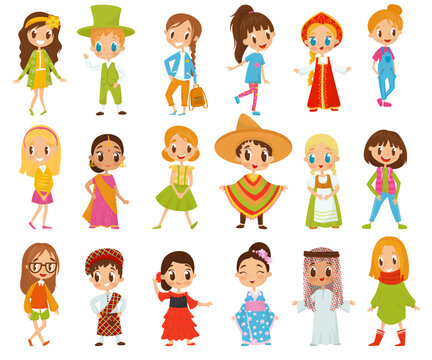 Children Wearing National Costumes Of Different Countries and Casual Modern Attire Big Vector Set
