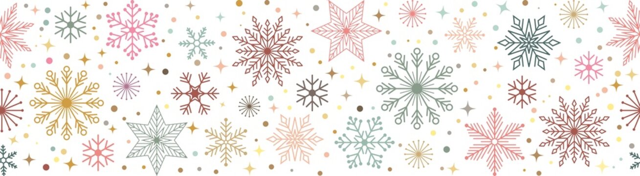 Snowflake seamless border, retro color repeat backdrop with snowflake and star confetti, Christmas banner template illustration isolated isolated on transparent background, PNG, cilp art