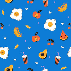 Seamless pattern with hand drawn eat. Creative design for printing for fabric, print, wallpaper and scrapbooking. Vector illustration isolated on blue background.
