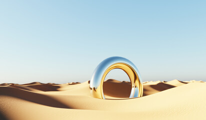 Surreal desert landscape with shiny ring in sand on sunny day. 3D rendering.