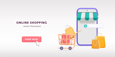 3d vector online store on smartphone with awning, cart with gift bags icon design. Realistic render Online shopping on  Mobile Application search and buy in internet symbols concept. Digital marketing