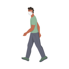 A man with a mask on his face walks. Flat vector illustration