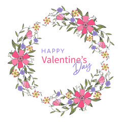 Valentines Day inscription card with doodle red et flowers hand drawn.