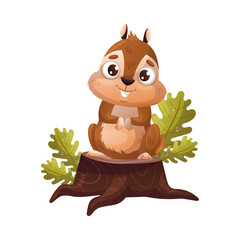 Plakat Funny Chipmunk Character with Cute Snout Sitting on Tree Stump Vector Illustration