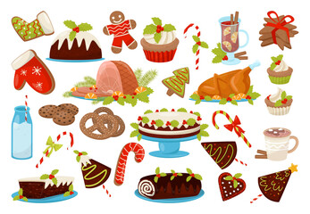 Traditional Christmas Eve Treat with Turkey, Cake, Biscuits, Drink and Candy Cane Vector Set
