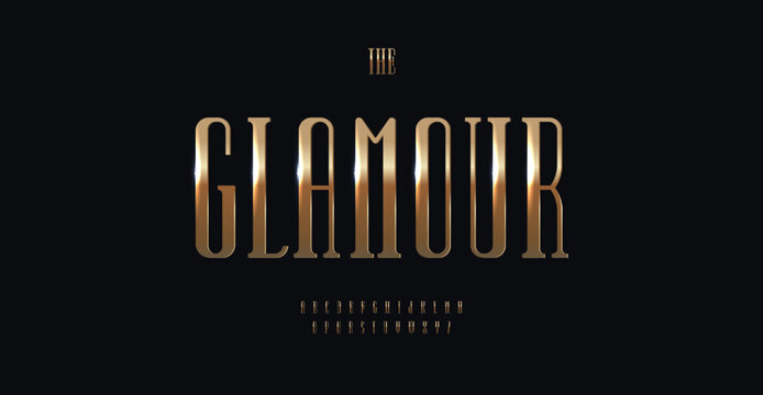 Elegant high font gold glittering color. Serifs narrow typeset, upright lofty alphabet. Luxury letters for premium logo and monogram of restaurant, wedding, jewelry, fashion. Vector typography design