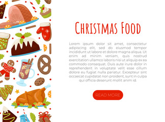Christmas Holiday Dish and Dessert Banner Design with Muffin, Roasted Turkey and Cookie Vector Template