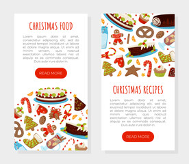 Christmas Holiday Dessert Banner Design with Muffin, Cookie and Candy Cane Vector Template
