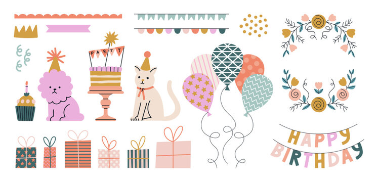 Happy Birthday set - elements for posters, invitation or greeting card design. Animals, balloons, garlands, gifts, cake in funny cartoon style. Hand drawn vector illustration. Birthday party concept
