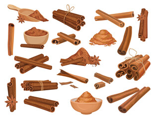 Set of cinnamon sticks and powder. Organic aroma spicy seasoning cartoon vector illustration