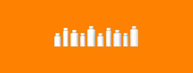 White cosmetic bottles isolated on orange background. Packaging of cosmetics. Ten containers for cosmetics. Horizontal image. Banner for insertion into site. 3d image. 3D visualization.
