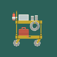 Cart, a table on wheels with equipment: laptop, camera lens, suitcase etc. Professional photography equipment for studio. Production process. Vector illustration isolated on colorful background