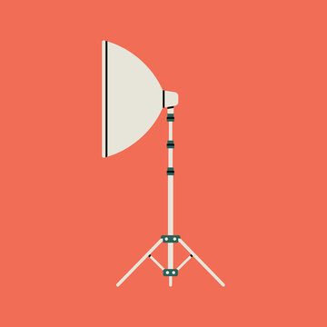 Illustration of a light soft box, reflector, umbrella with a tripod stand. Professional photography equipment for studio lightning. Production process. Vector illustration on colorful background