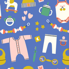 Seamless pattern with different products for newborn babies. Toys, feeding supplies and clothes. Print, fabric, wrapping paper etc. Cute design in trendy colors. Hand drawn vector illustration.