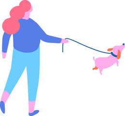 Young woman walking with dog vector isometric illustration