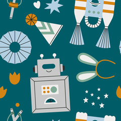 Seamless pattern with children's handmade costumes - robot, clown, astronaut etc. Games, fun, theater and Halloween concept. Hand drawn vector illustration. Cute style.