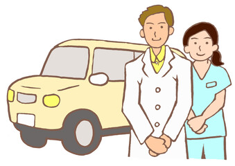 訪問診療の医師と訪問看護師と車のイラスト