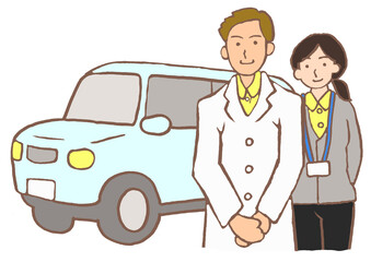 訪問診療の医師とMSWと車のイラスト