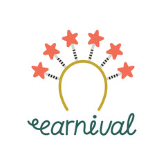 Carnival hand drawn lettering and illustration of a children's fancy headdress - bezel with stars. Games, fun, theater concept. Hand drawn vector illustration isolated on white background
