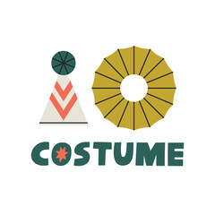 Costume hand drawn lettering and illustration with children's handmade costume of harlequin, clown. Games, fun, theater concept. Vector illustration isolated on white background. Cute style.