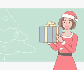 smiling curly hair woman in red santa claus outfit holding a gift box on green background with tree outline stroke. girl looked excited and surprised. merry christmas and new year. 