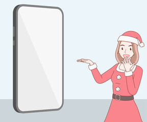 smiling long hair woman in red santa claus outfit open hand palm point to phone. girl looked excited and surprised. merry christmas and new year. hand drawn with thin lines style.