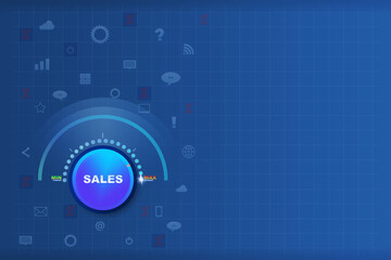 Concept of increase in sales. Power control turned to maximum. Dark blue background. Copy space. Trade. Business.
