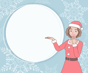 smiling curly hair woman in red santa claus outfit open hand palm showing copy space for text. girl looked excited and surprised on paper cut background. merry christmas and new year.