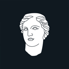 Poster with a mythological hero's head in marble. Ancient Greek or Roman sculpture style. Hand drawn vector illustration isolated on black background. Museum and art concept.