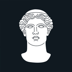 Poster with a mythological hero's head in marble. Ancient Greek or Roman sculpture style. Hand drawn vector illustration isolated on black background. Museum and art concept.