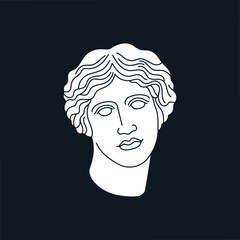 Poster with a mythological hero's head in marble. Ancient Greek or Roman sculpture style. Hand drawn vector illustration isolated on black background. Museum and art concept.