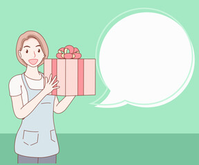 smiling short hair woman wearing an apronholding a gift box with dialog speech bubble. girl looked excited and surprised. space for text. hand drawn with thin lines style.