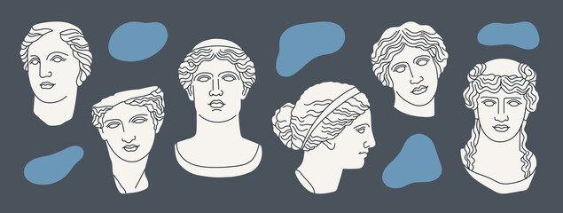 Set with mythological heroes heads in marble. Ancient Greek or Roman sculpture style. Hand drawn vector illustrations isolated on colorful background. Museum and art concept.