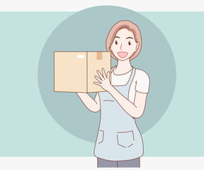 smiling short hair woman wearing an apron holding a parcel box. girl looked excited and surprised. hand drawn with thin lines style.