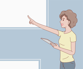 smiling curly hair woman wearing a t-shirt and pointing finger forward. female with gadget. space for text. hand drawn with thin lines style.