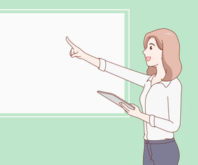 smile woman wearing a shirt holding a tablet and pointing finger forward. female with gadget. space for text. hand drawn with thin lines style.