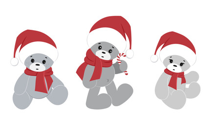 A set of teddy bears in a Santa Claus hat with a lollipop in their paws isolated on a white background. Christmas vector clipart.