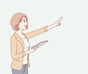 smile woman wearing a t-shirt holding a tablet and pointing finger forward. female with gadget. space for text. hand drawn with thin lines style.