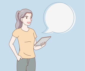 smile woman wearing a t-shirt holding a tablet with dialog speech bubble. female with gadget. space for text. hand drawn with thin lines style.