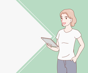 smile woman wearing a t-shirt holding a tablet. female with gadget. space for text. hand drawn with thin lines style.