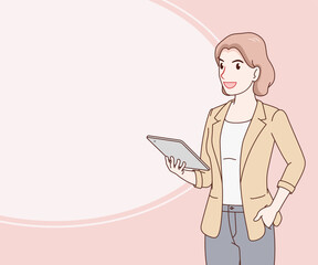 smile business woman wearing a suit holding a tablet. female with gadget. space for text. hand drawn with thin lines style.