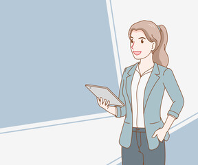 smile business woman wearing a suit holding a tablet. female with gadget. space for text. hand drawn with thin lines style.