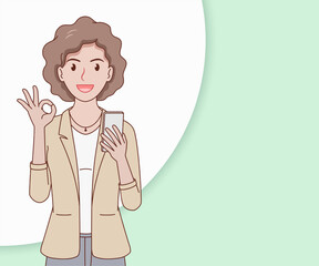 smiling curly hair business woman wearing a suit using a smartphone on paper cut background. hand drawn with thin lines style.